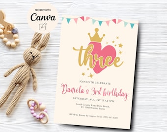 Princess 3rd Birthday Invitation, Pink Princess Girl 3rd Birthday Invite, Girl birthday Invitation, Canva Template, Digital Download