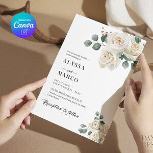 May include: A white wedding invitation with a watercolor design of white roses and greenery. The invitation reads "You are warmly invited to the wedding of Alyssa and Marco" with the date, location, and reception details.