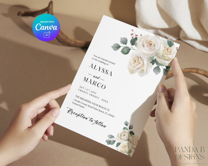 May include: A white wedding invitation with a watercolor design of white roses and greenery. The invitation reads "You are warmly invited to the wedding of Alyssa and Marco" with the date, location, and reception details.