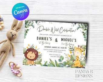 Op de afbeelding: Een groene en witte uitnodiging met een illustratie van een leeuw en een giraffe. De tekst luidt "Double Wild Celebration! Join us for a wild birthday celebration of Daniel's & Miguel's 1st Birthday 2nd Birthday. Saturday, August 23 | 4:00 PM 1 South County Road Palm Beach, FL 33480 United States RSVP to Emma at (555) 867-5309 Panda B Designs Instant Digital Downloads"