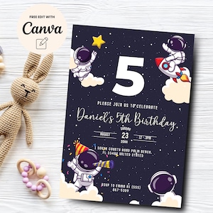 Space 5th Birthday Invitation, Blast Off Space Theme 5th Birthday, Planets Galaxy Birthday Party Invite Canva Template, Digital Download