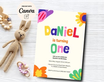 May include: A colorful birthday invitation for a child named Daniel turning one. The invitation features a bright yellow, green, orange, and blue flower design with the text "DaNiel is turning One". The invitation also includes the date, time, and location of the party.