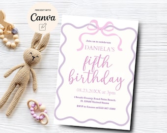 Ribbon 5th Birthday Invitation Template, Girl Modern 5th Birthday Invitation Coquette 5th Birthday Invite, Canva Template, Digital Download