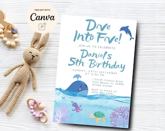 Dive Into Five 5th Birthday Invitation, Under the Sea Birthday Invite, Ocean Birthday Invite, Canva Template, Digital Download