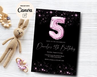 Editable Pink 5th Birthday Invitation, Glitter Birthday Party Invite, Rainbow Foil Girl Fifth Birthday, Canva Template, Digital Download