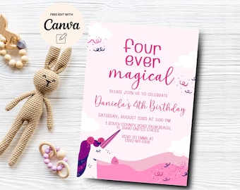 Redigerbar inbjudan till enhörning, magisk födelsedagsinbjudan till fyra någonsin, enhörningsflicka, 4-årsdag, Canva-mall, digital nedladdning