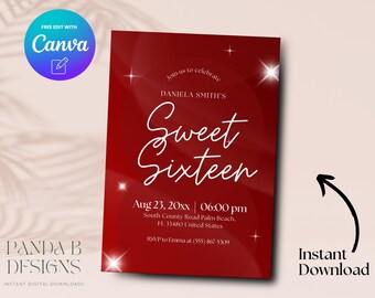 Editable Red 16th Birthday Invite, Elegant Red 16th Birthday Invitation, Editable Girl 16th Birthday Invite Canva Template, Digital Download