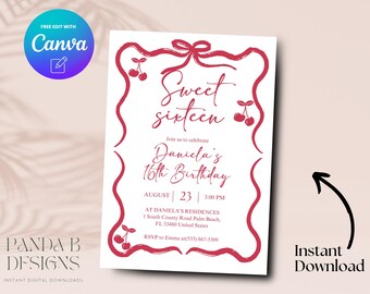 Invitación editable para el cumpleaños número 16, invitación para el cumpleaños número 16 con lazo rosa cereza, plantilla Canva para invitación para el cumpleaños número 16, descarga digital