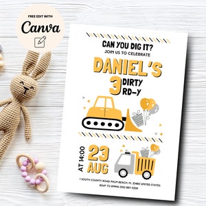 Dirty 3RD-Y Construction Birthday Invitation, Construction Trucks 3rd Birthday Party Invite, Can You Dig, Canva Template, Digital Download