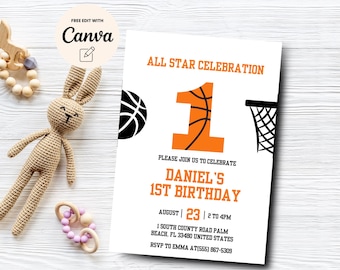 Basketball 1st Birthday Invitation, Sports Theme 1st Birthday Invite, Basketball Sports Birthday, Canva Template, Digital Download