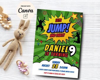 Invito per il 9° compleanno di Jump, invito per la festa del 9° compleanno con trampolino, compleanno a tema fumetto, modello Canva, download digitale