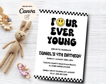 4e verjaardagsuitnodiging voor jongen, Groovy Four Ever Young 4e verjaardag, glimlach gezicht nodigt uit, Lightning Bolt, Canva-sjabloon, digitale download