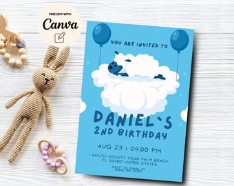 Invitación de segundo cumpleaños de oveja, invitación de cumpleaños azul, invitación de segundo cumpleaños, segundo cumpleaños de niño, plantilla Canva, descarga digital