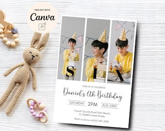 Invitación con foto para sexto cumpleaños, fiesta minimalista de sexto cumpleaños, plantilla de invitación con foto para sexto cumpleaños, plantilla Canva, descarga digital