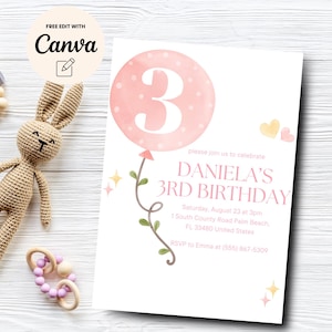 Pink 3rd Birthday Invitation, Girl Minimalist Balloon Birthday Party Invite, Balloon Girl Third Birthday, Canva Template, Digital Download