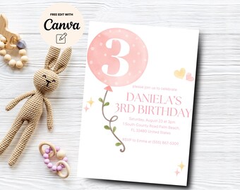 Pink 3rd Birthday Invitation, Girl Minimalist Balloon Birthday Party Invite, Balloon Girl Third Birthday, Canva Template, Digital Download