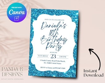 Blue Glitter 16th Birthday Invitation, Minimalist Blue 16th Birthday Invite, Sweet Sixteen Invite Canva Template, Digital Download