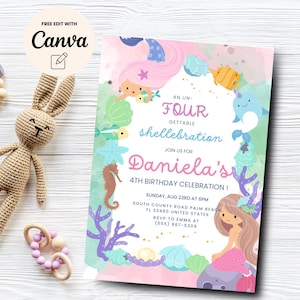 Unfourgettable shellebration Birthday Invitation, Mermaid 4th Birthday, Under the Sea 4th Birthday Party, Canva Template, Digital Download