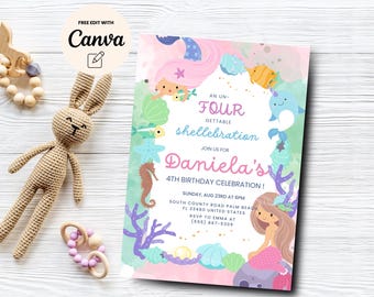 Unfourgettable shellebration Birthday Invitation, Mermaid 4th Birthday, Under the Sea 4th Birthday Party, Canva Template, Digital Download