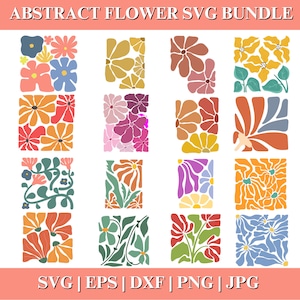 Paquete SVG y PNG de flores abstractas, diseños florales daneses retro boho