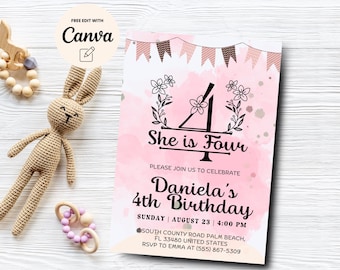 Boho 4e verjaardag bloemen verjaardagsuitnodiging, meisje 4e verjaardagsuitnodiging, bewerkbare boho uitnodiging, digitale download, Canva-sjabloon