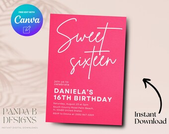 Pink 16th Birthday Invite, Minimalist Pink 16th Birthday Invitation, Editable Girl 16th Birthday Invite Canva Template, Digital Download