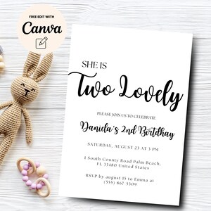 Two Lovely Second Birthday Invitation, 2nd Birthday Party Invite, Two Year Old Party Invitation, Canva Template, Digital Download