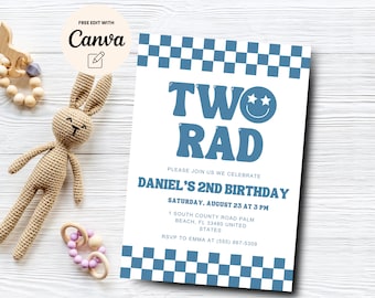 2nd Birthday Invitation Boy, Two Rad, Cool Invites, Checkered, Lightning Bolt, Digital Download Template, Canva Editable, Digital Download