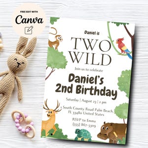 Bearbeitbare Safari-Geburtstagseinladung, zwei wilde Einladung, Dschungeltier-Einladung, 2. Geburtstag einladen, Canva-Vorlage, digitaler Download