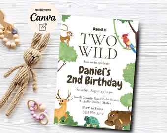 Editable Safari Birthday Invitation, Two Wild Invitation, Jungle Animals Invitation, 2nd Birthday Invite, Canva Template, Digital Download