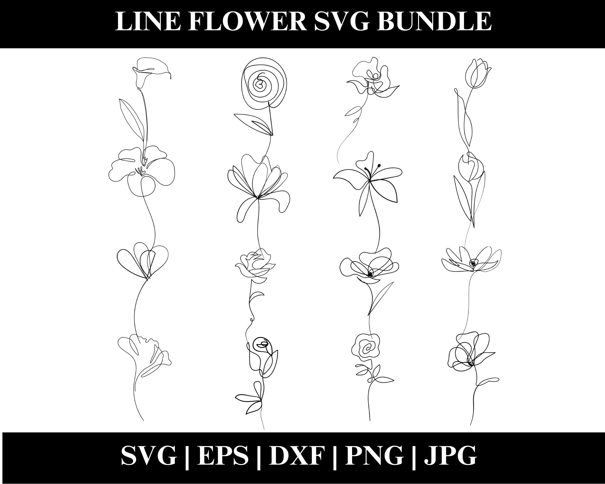 Flower Line SVG Bundle, Botanical Line Art SVG, Clipart, Hand Drawn ...