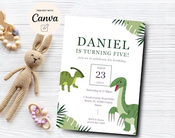 Dinosaur 5th Birthday Invitation, Boy Dinosaur 5th Birthday Invitation, T-rex Stomp Chomp Roar Invitation, Canva Template, Digital Download