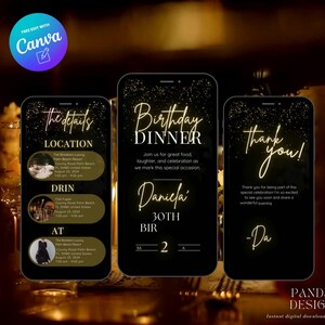 Digital Birthday Dinner invitation, Birthday Digital Birthday Party Video Invite, Gold Dinner Birthday Canva Template, Digital Download