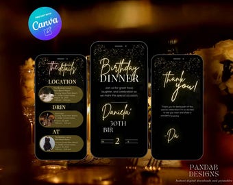 Convite digital para jantar de aniversário, convite digital para festa de aniversário em vídeo, modelo Canva para jantar dourado de aniversário, download digital