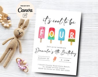 Cool to be Four Popsicle Invitation, Editable 4th Birthday Invite, Summer Girl Party, Canva Editable, Digital Download, Instant Download
