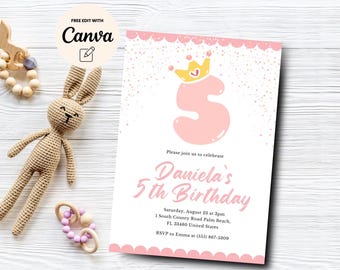 Princess 5th Birthday Invitation, Editable Princess Birthday, Girl Pink 5th Birthday Party Party, Canva Template, Digital Download