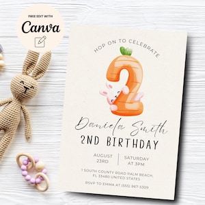 Bunny 2nd Birthday Invitation, Hop on to celebrate 2nd Birthday Invite, Rabbit 2nd Birthday Invite, Canva Editable, Digital Download