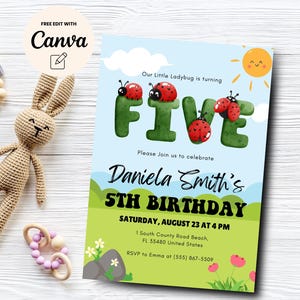 Ladybug 5th Birthday Invitation, EDITABLE 5th Digital Invitation, Little Lady bug 5th Birthday Party, Canva Editable, Digital Download