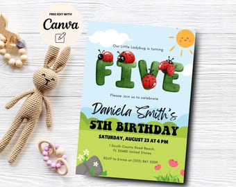 May include: A birthday invitation with a ladybug theme. The invitation features the word "FIVE" in green letters with ladybugs on top. The invitation also includes the name "Daniela Smith's" and the date and time of the party.
