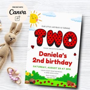 Ladybug 2nd Birthday Invitation, EDITABLE Digital Invitation, Little Lady bug 2nd Birthday Party, Canva Editable, Digital Download