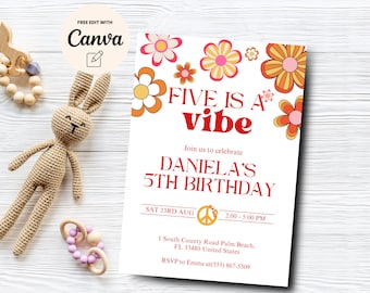 Invito per il 5° compleanno, modello di invito per il compleanno Five is a Vibe, invito di compleanno floreale, modello Canva, download digitale