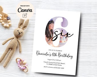 Invitación con foto para sexto cumpleaños, fiesta minimalista de sexto cumpleaños, plantilla de invitación con foto para sexto cumpleaños, plantilla Canva, descarga digital