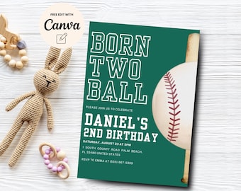Born 2 Ball Baseball 2nd Birthday Invitation for Boy, Editable 2nd Birthday, Let's Have a Ball All Star, Canva Editable, Digital Download