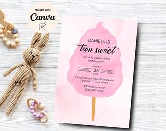 Two Sweet Birthday Invitation, 2nd Birthday Girl Invitation, Two Year Dessert Invite, Girl 2nd Birthday Canva Template, Digital Download