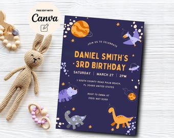 Space Dinosaur 3rd Birthday Invitation, Dino Astronaut 3rd Birthday Invite Editable Boy Birthday Invitation Canva Template, Digital Download