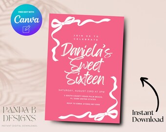 Pink 16th Birthday Invite, Minimalist Pink 16th Birthday Invitation, Editable Girl 16th Birthday Invite Canva Template, Digital Download