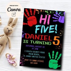 Hi-Five 5th Birthday Invitation, Modern Party Invite, High Five Birthday, Colorful Birthday Invite, Canva Template, Digital Download
