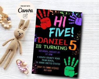 Hi-Five 5th Birthday Invitation, Modern Party Invite, High Five Birthday, Colorful Birthday Invite, Canva Template, Digital Download