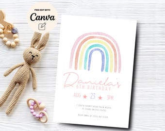 Rainbow 6th Birthday Party Invitation Template, Editable Colorful Party Invite, Pastel Rainbow Invite, Canva Template, Digital Download