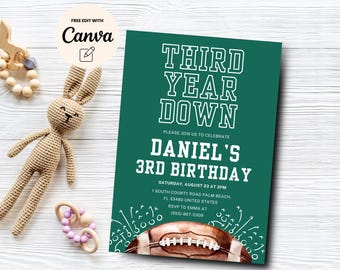May include: Green and white birthday invitation with a football graphic. The text reads "Third Year Down Daniel's 3rd Birthday".